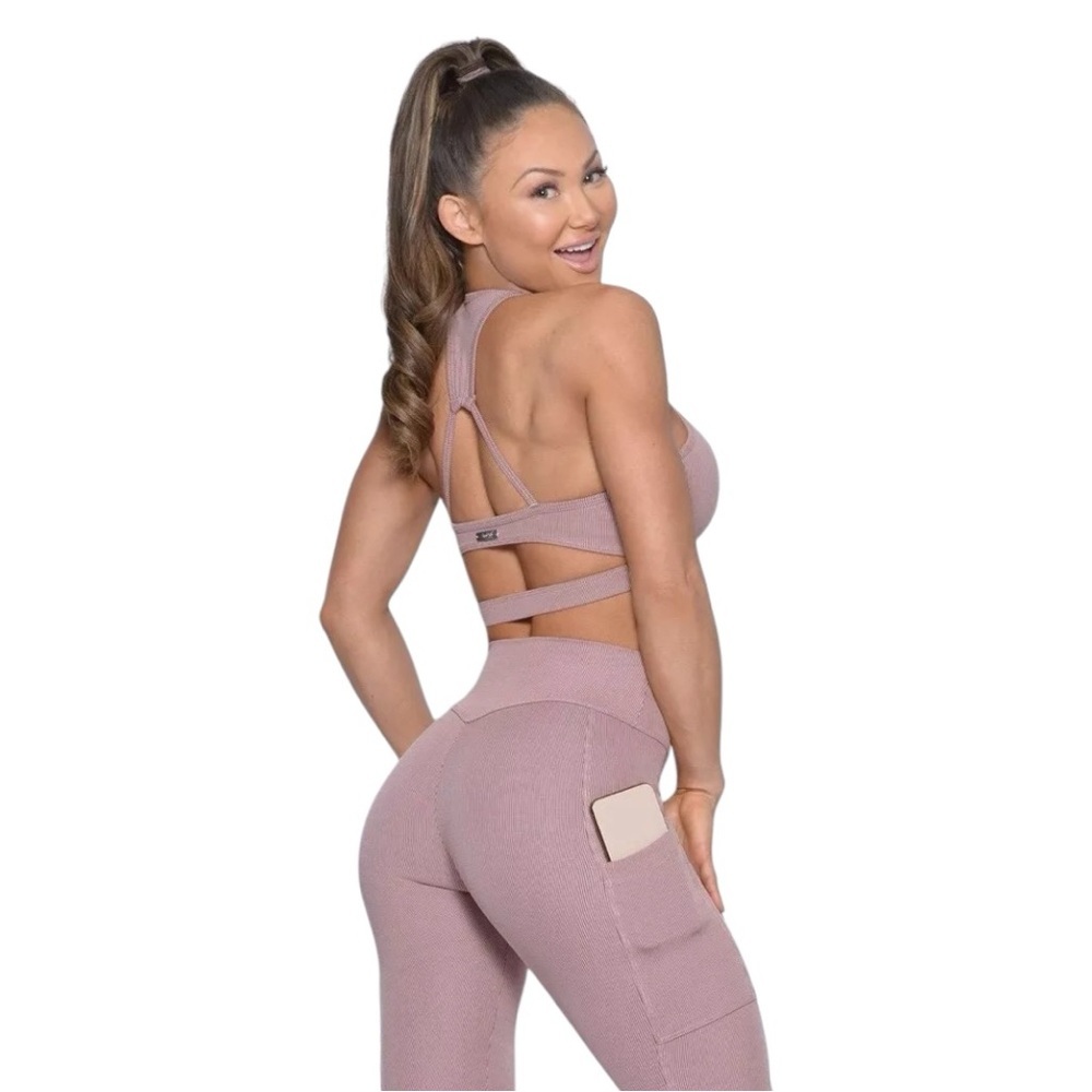 Bombshell Sportswear Sports Bra Dusty Rose Pink Women's‎ Medium Cut-Out Ribbed